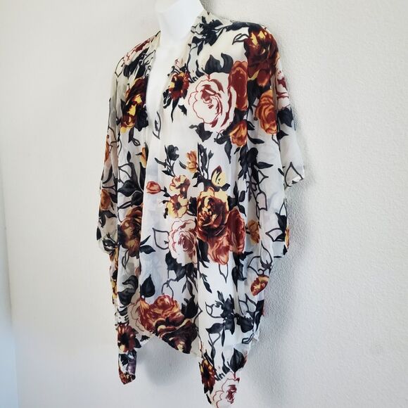 Francesca's Kimono Top One Size Multicolor Velvet Burnout Floral Boho Romantic - Picture 7 of 9